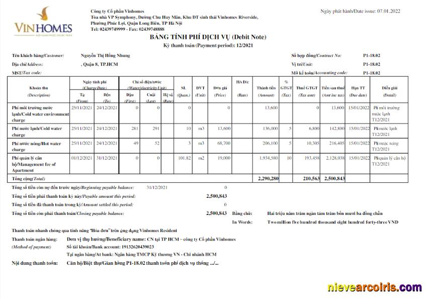 VIETNAM VINHOMES utility bill